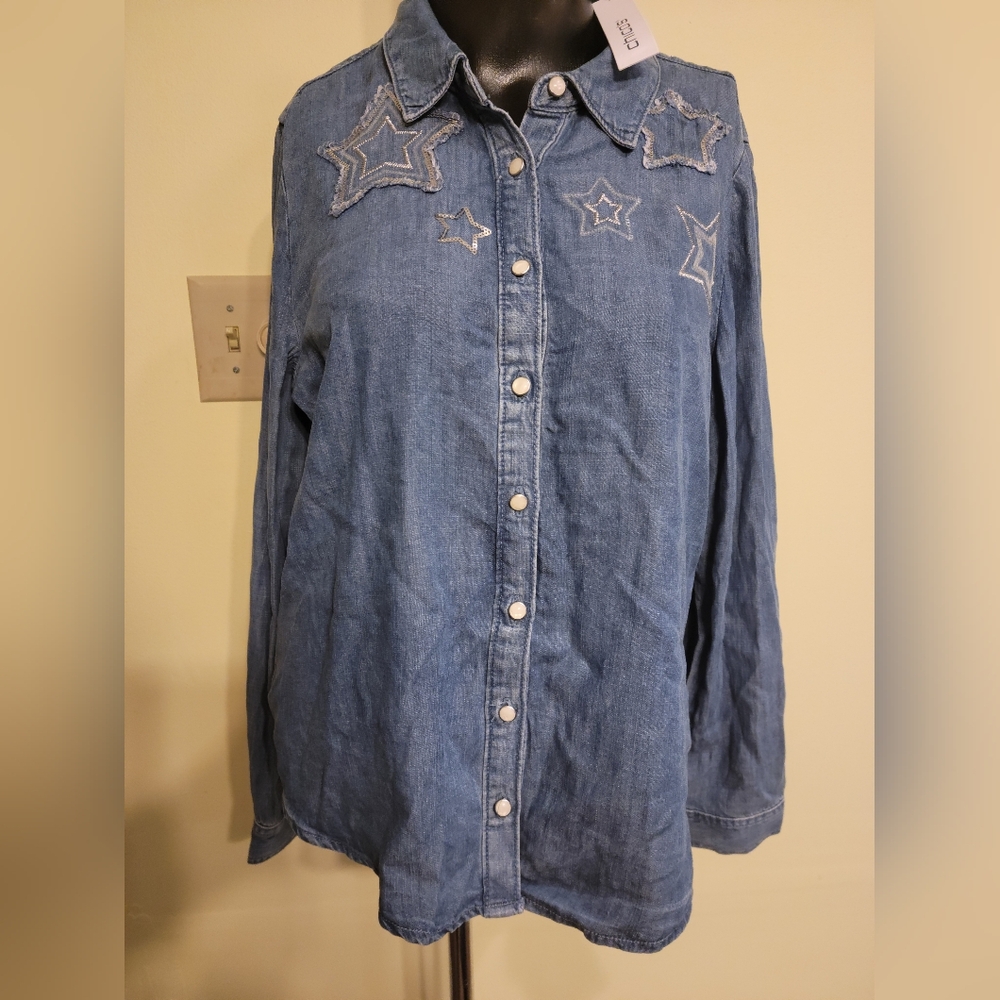 NWT Chico's Sz 6 Denim Patriotic Amerivan Star Shirt